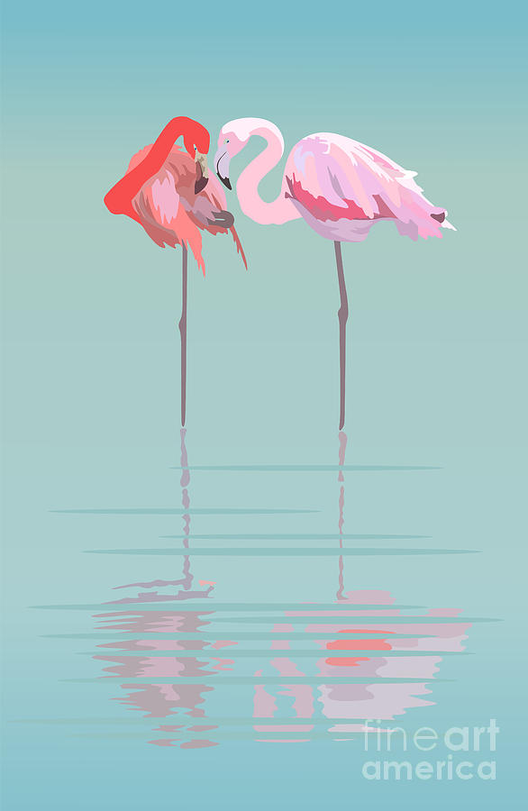 Feather Digital Art - Pair Of Flamingos In The Pond by Viktoriya Pa Feather Digital Art - Pair Of Flamingos In The Pond by Viktoriya Pa