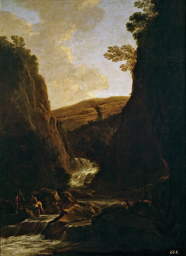 Paisaje con pescadores y pastores a la orilla de un rio, 1639-1641, Dutch School, Oi... Painting by Jan Dirksz Both -c 1610-1652-