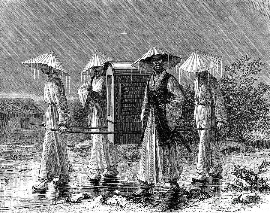 Palanquin Bearers In Rain Costume Drawing by Print Collector