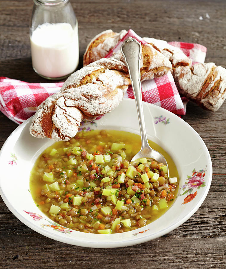 Palatine Lentil Soup With Plate Lentils, Potatoes And Bacon Photograph by Teubner Foodfoto