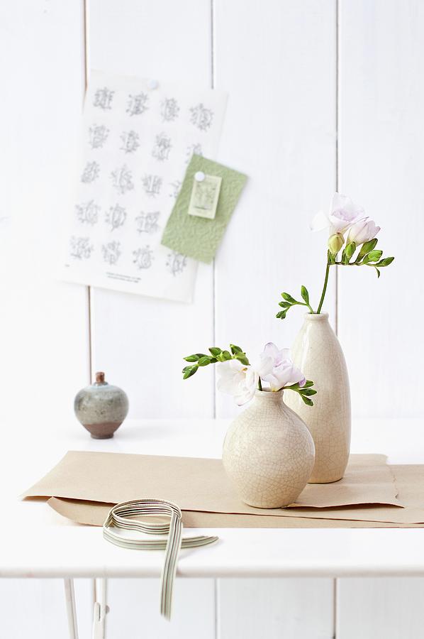 Pale Ceramic Vases Of Freesias On Table Photograph by Cornelia Weber