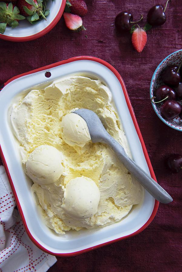 Paleo Vanilla Ice Cream, Fresh Cherries And Strawberries Photograph by Veronika Studer