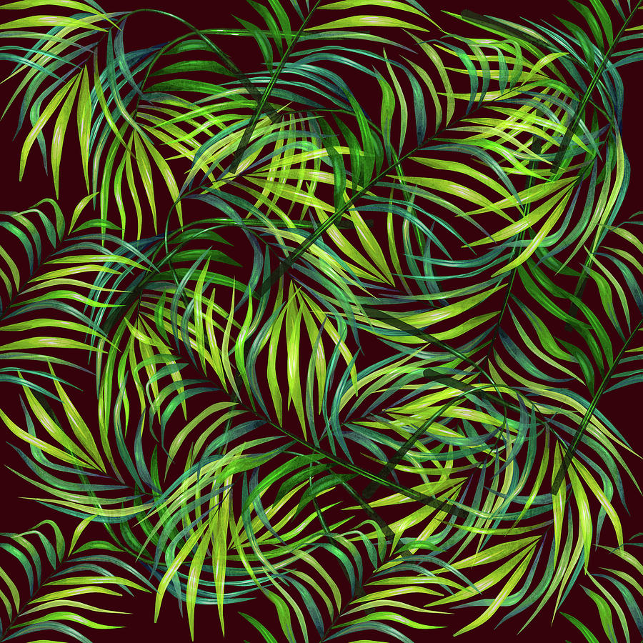 Palm Leaf Pattern 2 - Tropical Leaf Pattern - Green, Black - Tropical, Botanical Pattern Design Mixed Media
