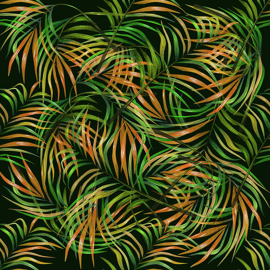 Palm Leaf Pattern 3 - Tropical Leaf Pattern - Green, Orange - Tropical, Botanical Pattern Design Mixed Media