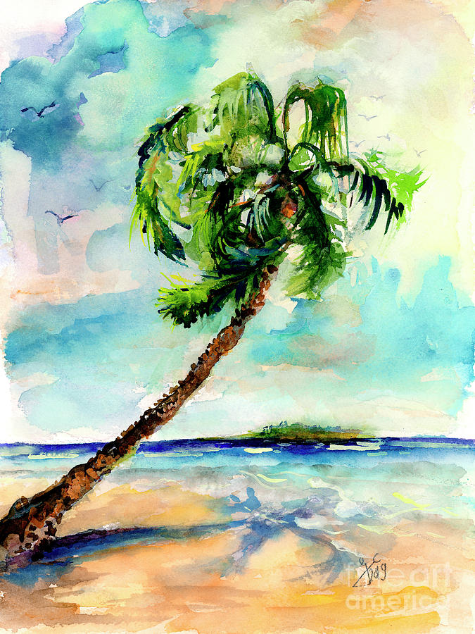 Palm Tree and Beach Watercolor Painting by Ginette Callaway