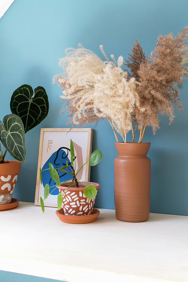 Pampas Grass In Clay Vase And Chinese Money Plant In Painted Terracotta Pot Photograph by Marij Hessel