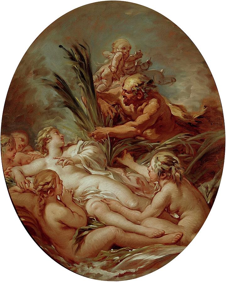 Pan and Syrinx, 1760-1765, French School, Oil on canvas, 95 cm x 79 cm, P07066. Painting by Francois Boucher -1703-1770-