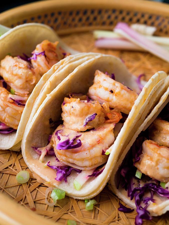 Pan Asian Shrimp Tacos With Red Cabbage And Green Apple Slaw Photograph by Christine Siracusa