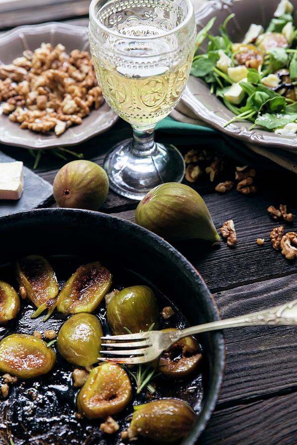 Pan-fried Figs, Walnuts, White Wine And Salad Photograph by Galya Ivanova