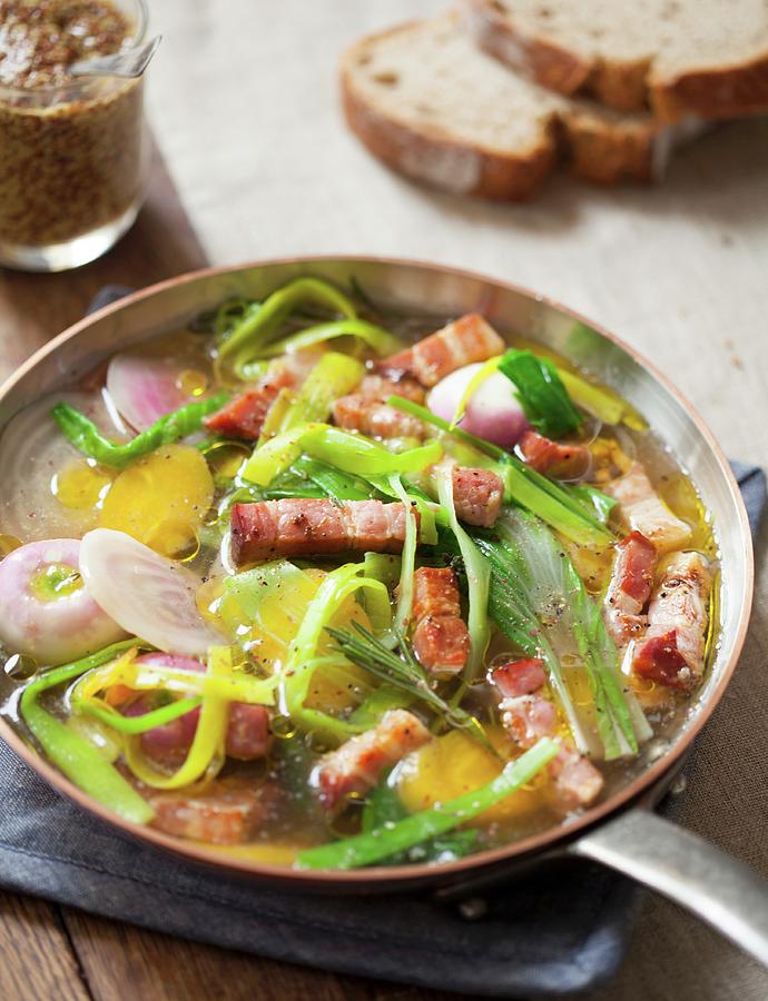 Panfried Leeks, Yellow Carrots, Turnips And Diced Smoked Bacon