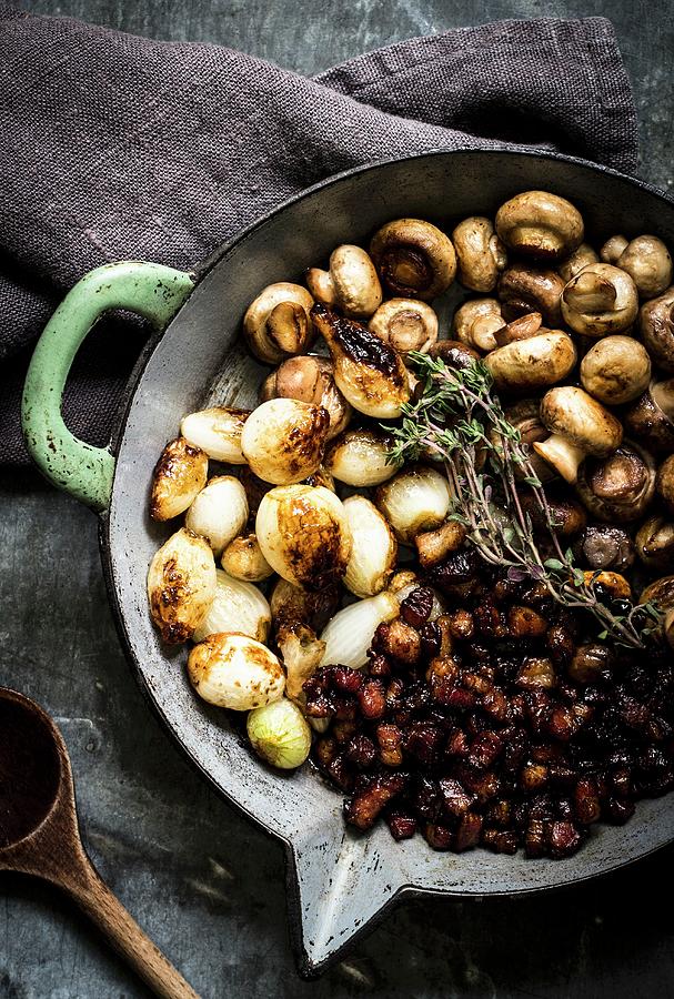 Pan Fried Mushrooms With Shallots And Bacon Photograph by Dees Kche