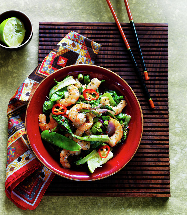 Pan Fried Shrimps With Pak Choi, Chillies And Mangetouts asia Photograph by Karen Thomas