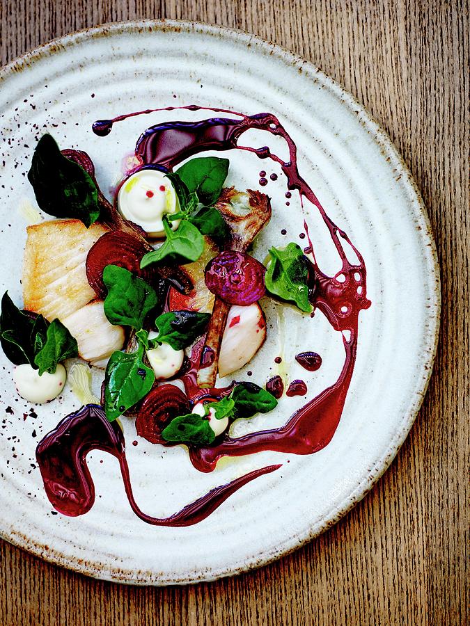 Pan-fried Squid With Old-fashioned Vegetables And Beetroot Juice Photograph by Amiel