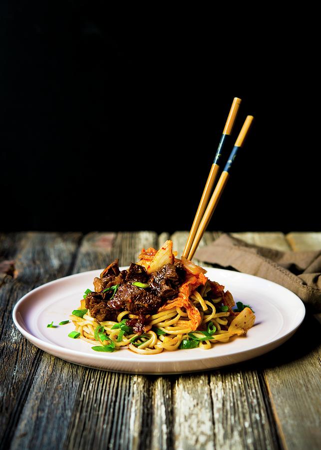 Pan-fried Udon Noodles With Slow Braised Beef Shank, Kimchi And Spring Onions Photograph by Lisa Rees