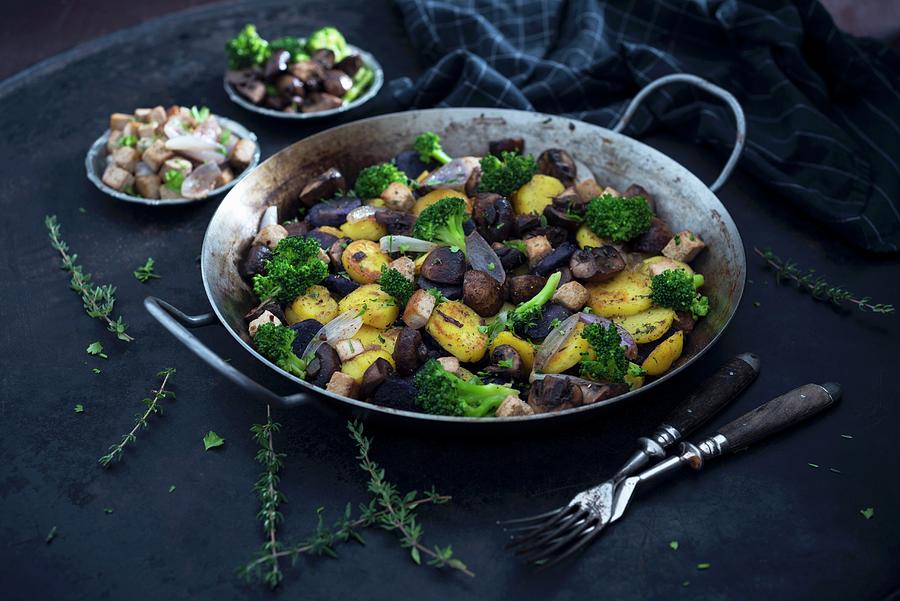 Pan Fried Vegetables With Violet And Yellow Potatoes, Broccoli, Mushrooms, Tofu And Shallots vegan Photograph by Kati Neudert