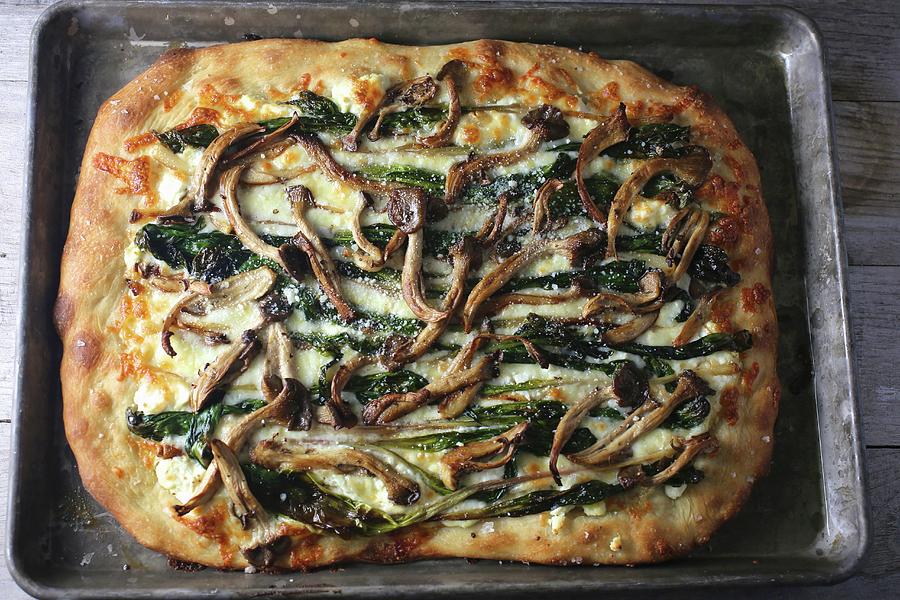 Pan Pizza With Mushrooms And Spinach On A Baking Tray Photograph by Emily Clifton