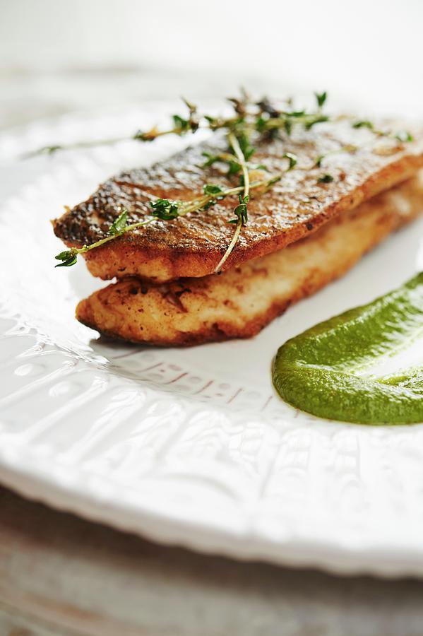 Pan Roasted Sea Bass With Salsa Verde And Thyme Photograph by Greg ...