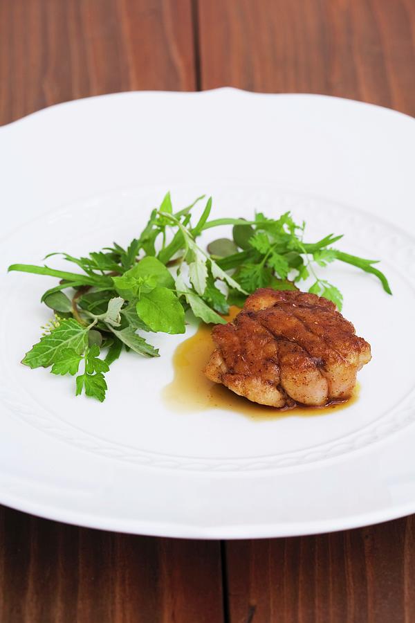 Pan Seared Sweetbreads With Jus And A Side Of Field Greens Photograph by Jennifer Martine