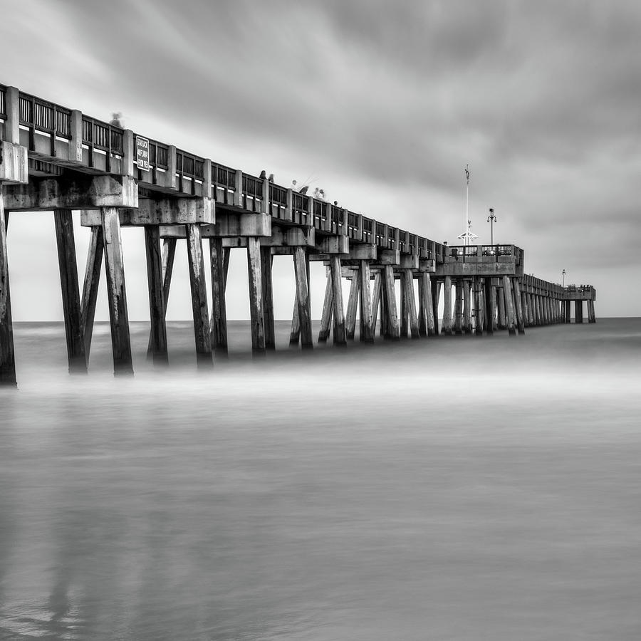 Black And White Photograph - Panama City Beach Florida Pier in Monochrome 1x1 by Gregory Ballos