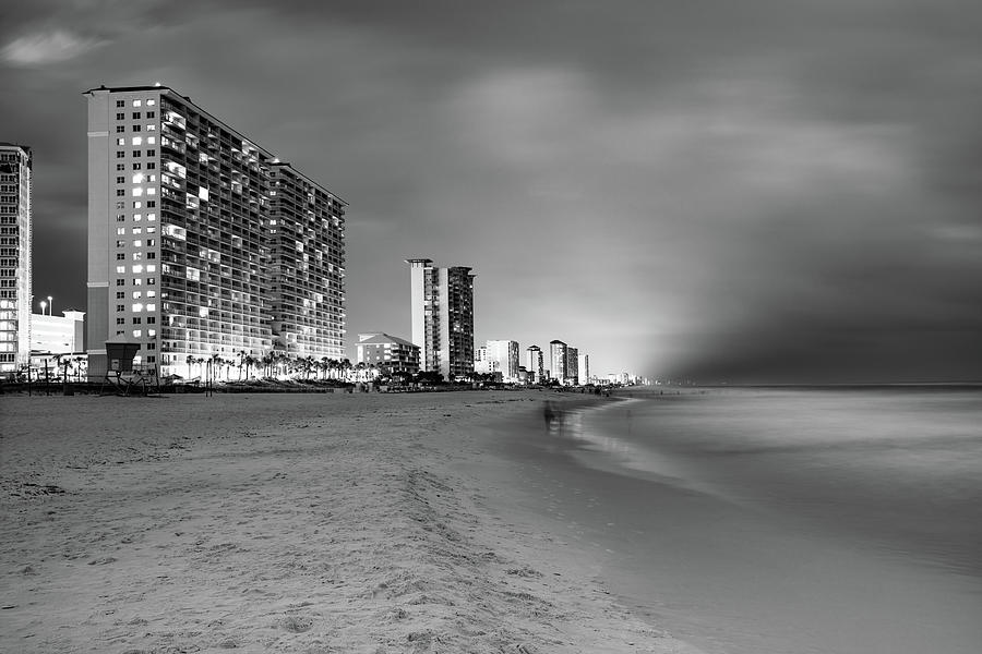 Black And White Photograph - Panama City Beach Florida Skyline at Dusk - Monochrome by Gregory Ballos