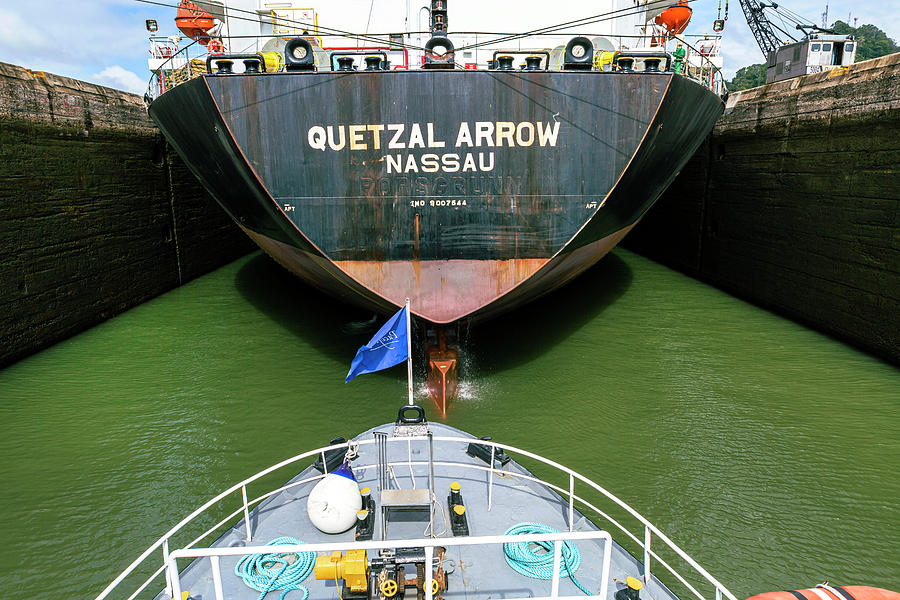 Panama, Panama Canal, Cargo Ship At Pedro Miguel Locks Digital Art by Lumiere