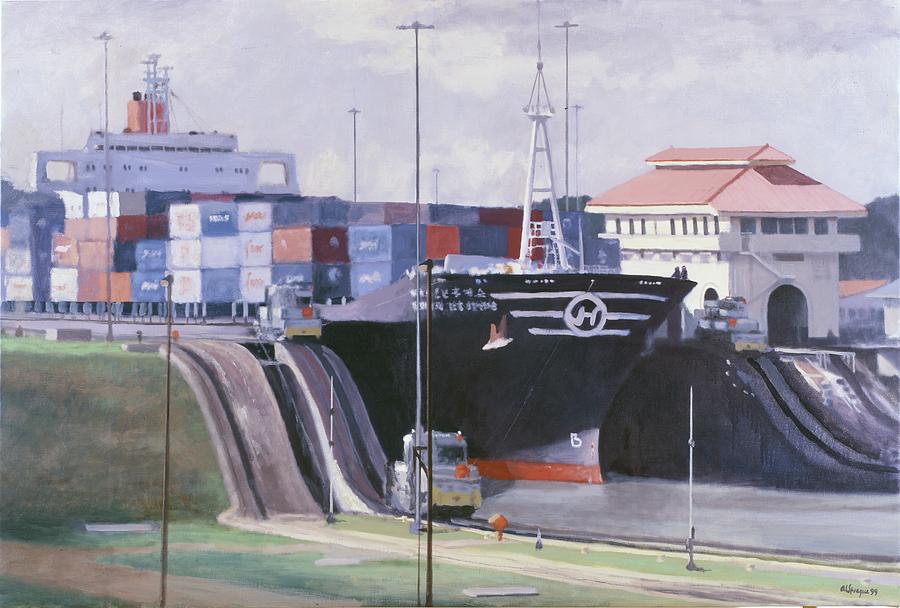 Panamamax in Miraflores Painting by Al Sprague