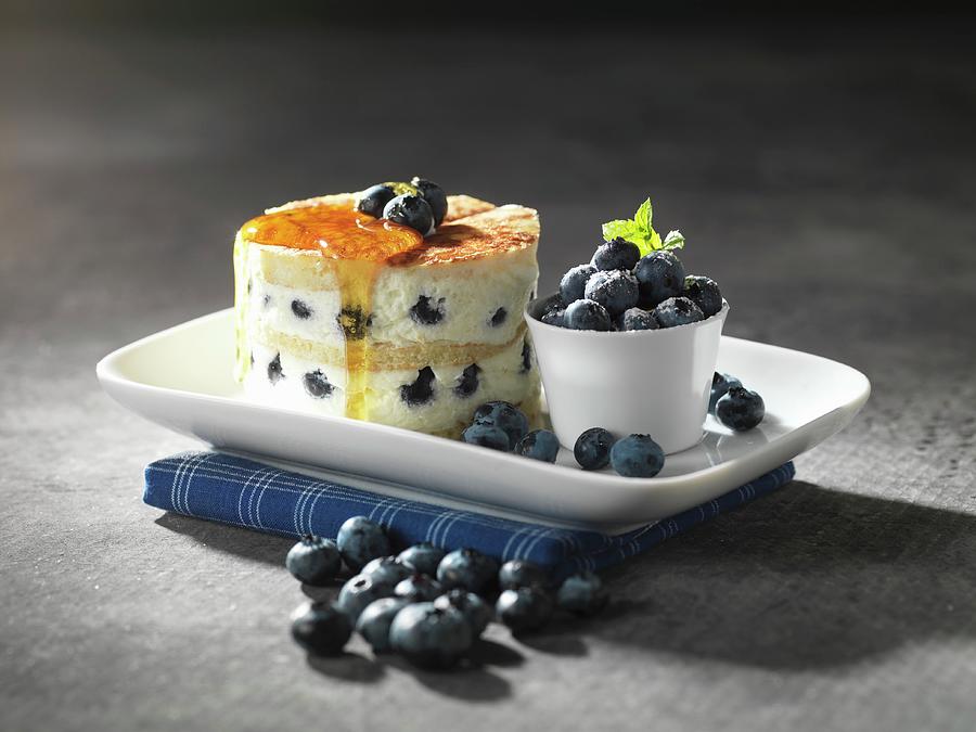 Pancake Cake With Quark, Blueberries And Honey Photograph by Waldecker, Axel