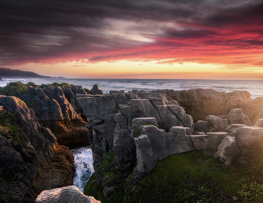 Sunset Photograph - Pancake Rocks, New Zealand by Photography by KO