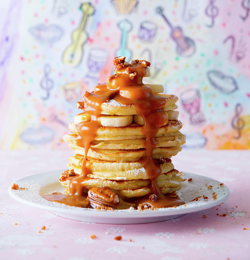 Pancakes With Bananas, Pecan Nuts And Caramel Sauce Photograph by Udo Einenkel