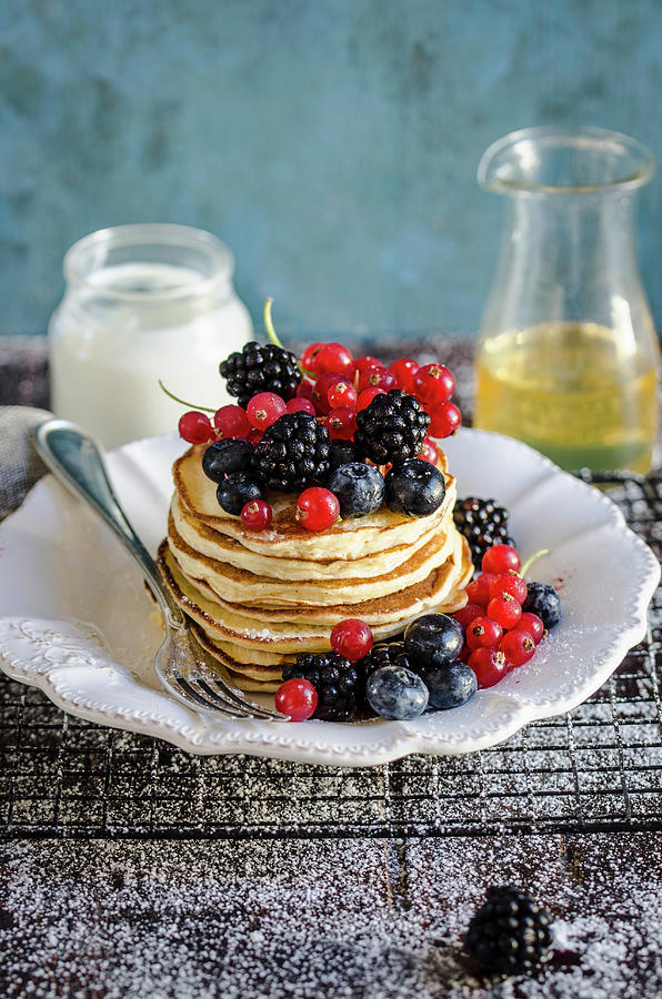 Pancakes With Berry Fruits, Yogurt And Agave Syrup Photograph by Aniko Szabo