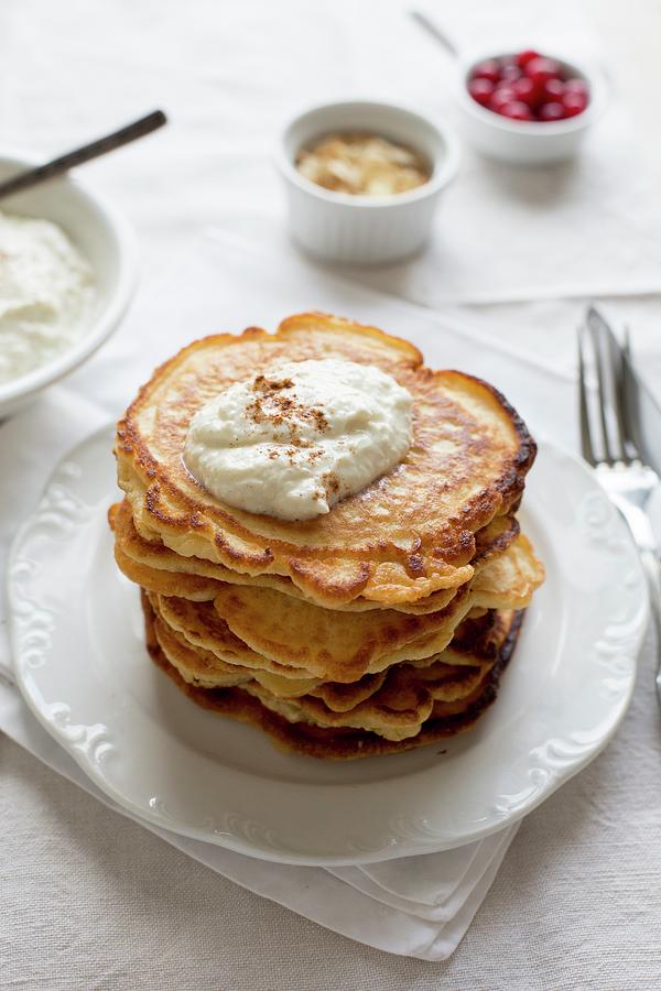 Pancakes With Coconut And Cinnamon Quark Photograph by Claudia Timmann