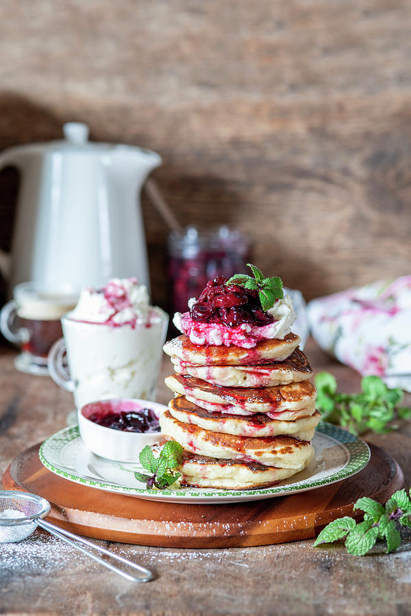Pancakes With Cream Cheese And Cherries Photograph by Irina Meliukh