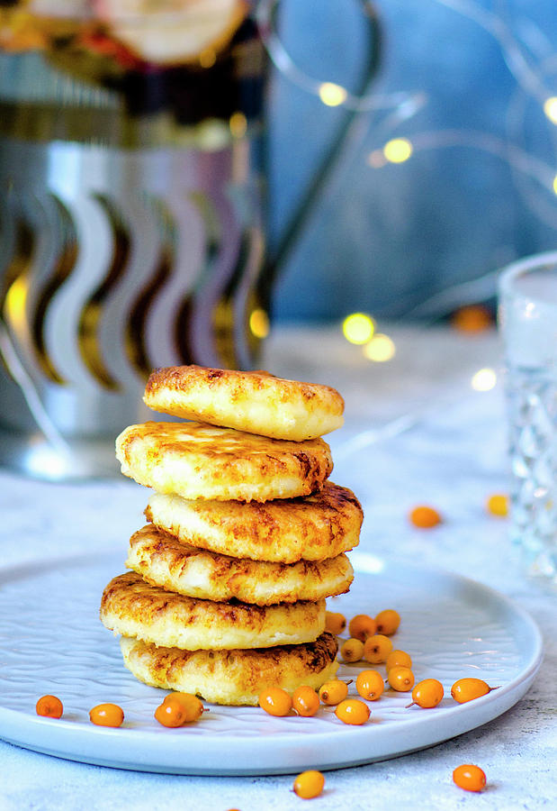Pancakes With Homemade Cottage Cheese Wand Sea Buckthorn Photograph by Gorobina