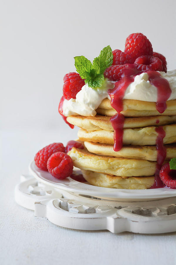 Pancakes With Mascarpone And Raspberries Photograph by Joanna Lewicka