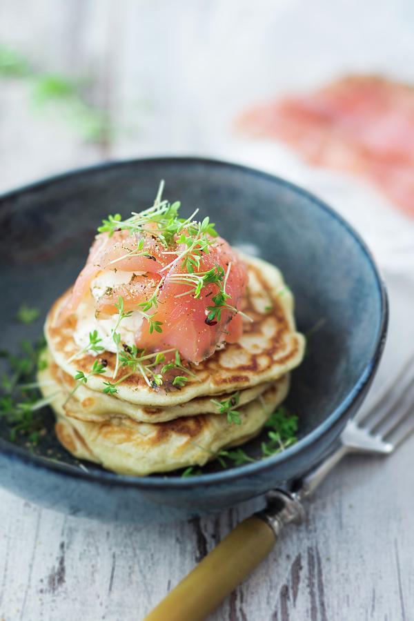 Pancakes With Salmon And Cress Photograph by Jan Wischnewski