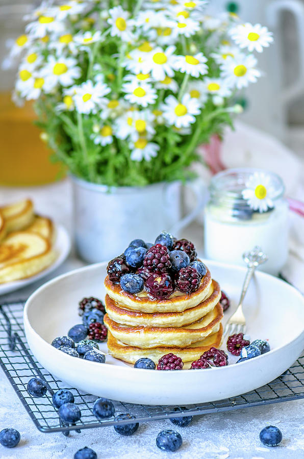 Pancakes With Summer Berries - Blueberries And Blackberries For Breakfast Photograph by Gorobina