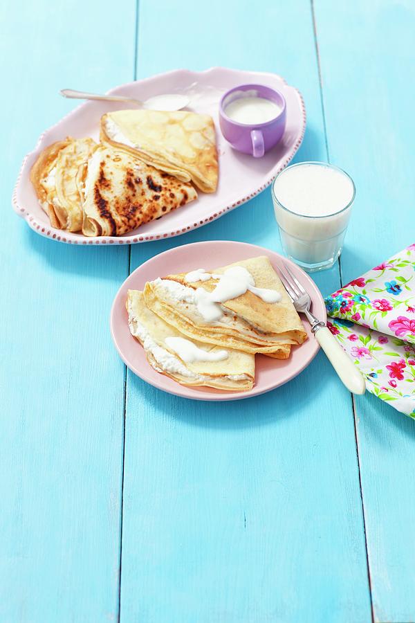 Pancakes With Vanilla Quark Served With A Banana Milkshake Photograph by Rua Castilho
