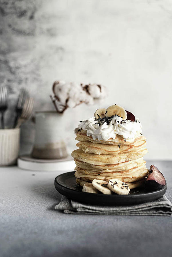 Pancakes With Whipped Cream And Bananas Photograph by Marianthi Konstantopoulou