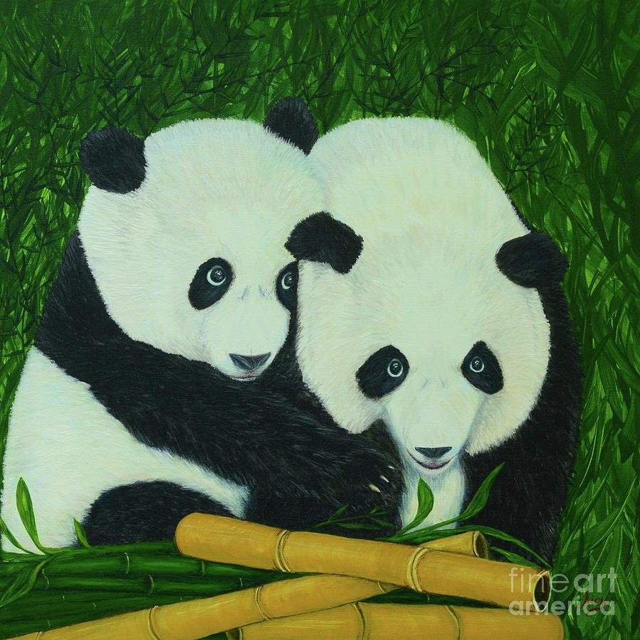 Panda Bears and Bamboo Painting by Aicy Karbstein