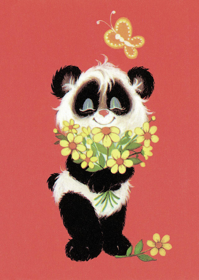 Butterfly Drawing - Panda with flowers by CSA Images