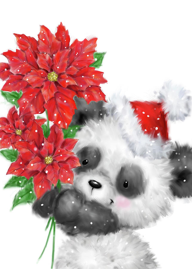 Christmas Mixed Media - Panda With Poinsettias by Makiko