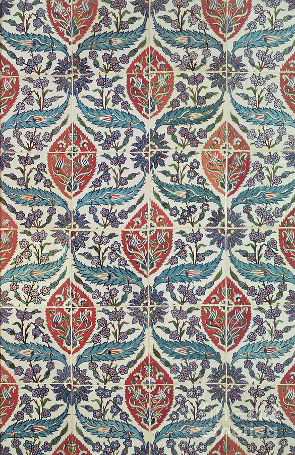 Pattern Photograph - Panel Of Isnik Earthenware Tiles From The Baths Of Eyup Ensari, Istanbul by Turkish School