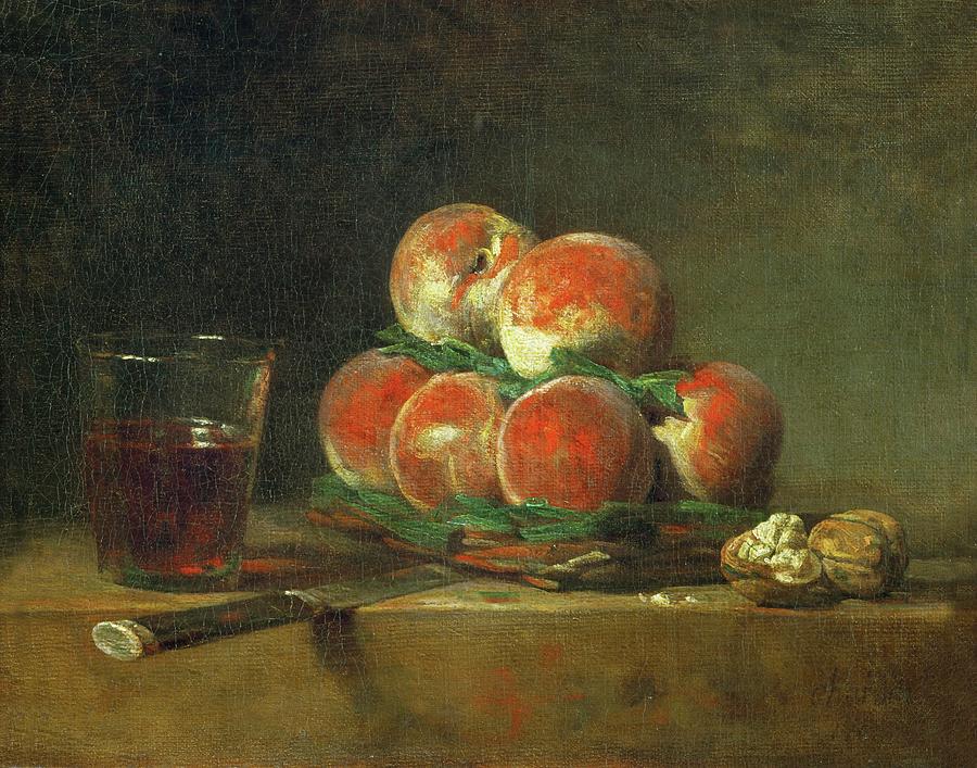 Panier de peches-a basket with peaches. Oil -1768- 32.5 x 39.5 cm MI 722. Painting by Jean Baptiste Simeon Chardin -1699-1779-