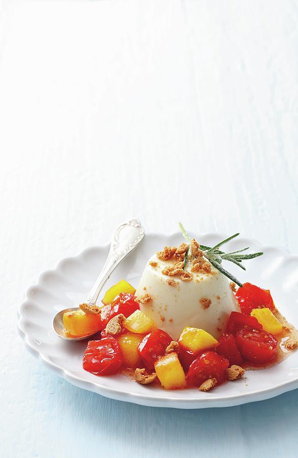 Panna Cotta With Rosemary And Apricot & Cherry Tomato Compote Photograph by Jalag / Mathias Neubauer