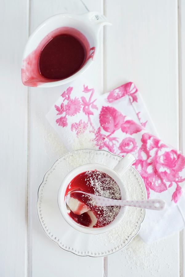 Pannacotta With Raspberry Coulis And Grated Coconut seen From Above Photograph by Sonia Chatelain