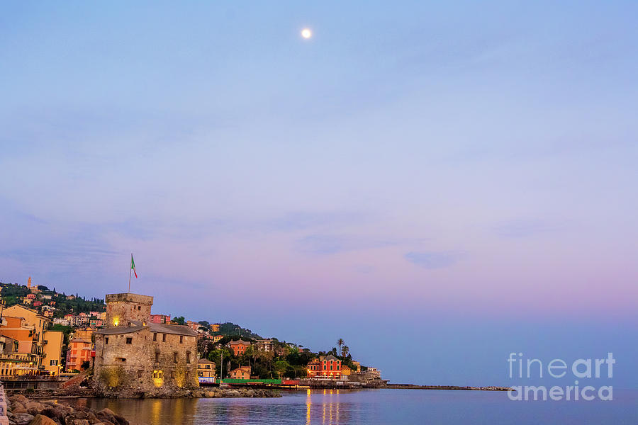 panorama italian sea village space text and moon high in the sky - Rapallo italy sea town copy space background night sunset Photograph