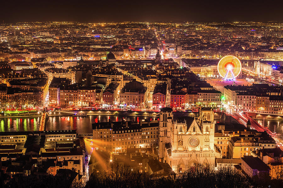 Panorama Lyon City By Night In Photograph by Yanis Ourabah