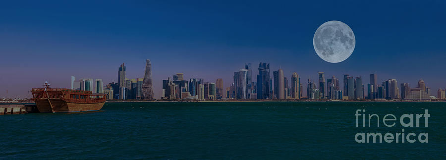 Panorama of Doha with moon Photograph by Benny Marty