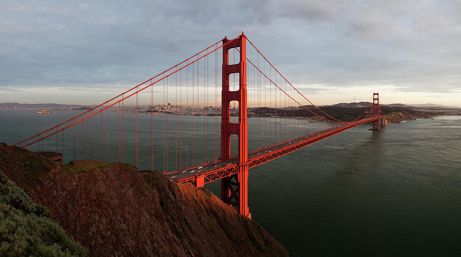 Panorama Of Golden Gate Bridge Lit By Photograph by Stephanhoerold