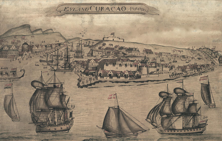 Panorama of harbor showing siege of Curaao by English sailors and soldiers in 1800. Painting by Honig & Zoonen